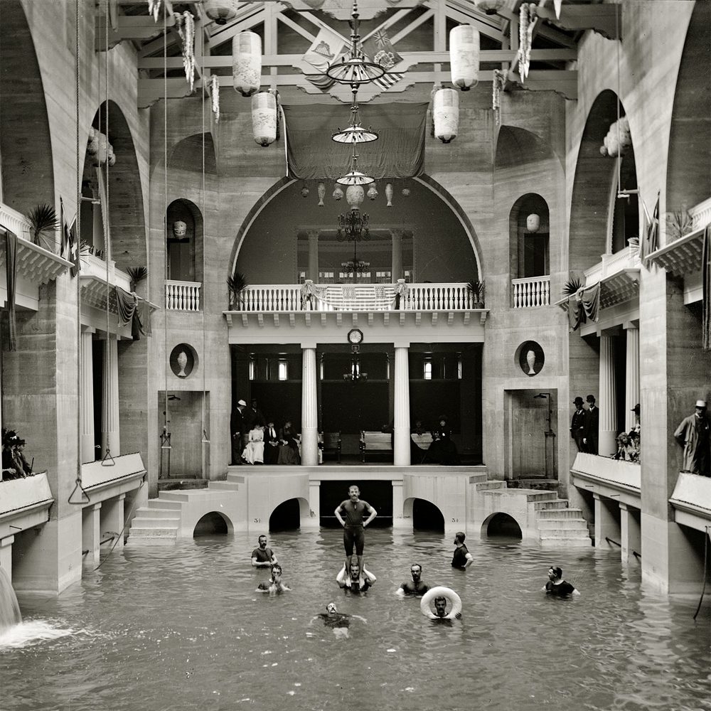 black and white image of the pool at the Lightner Museum