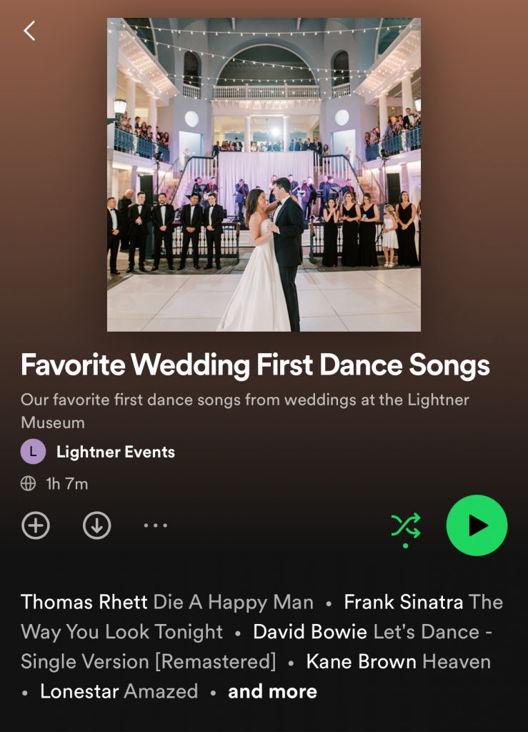Screenshot of Favorite Wedding First Dance Songs playlist on Spotify