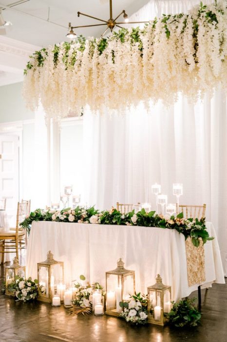 White Wedding with Hanging Floral Chandelier