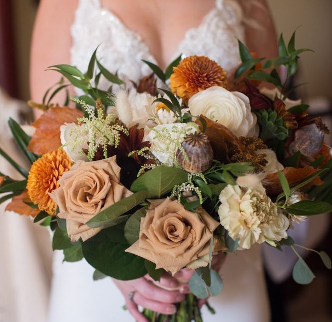 wedding bouquet in muted fall colors