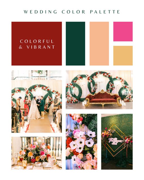 A colorful and vibrant wedding color palette in shades of red, green, and pink