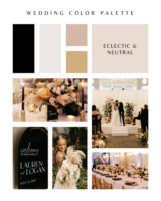 Eclectic and neutral wedding color palette in shades of black, cream, and blush