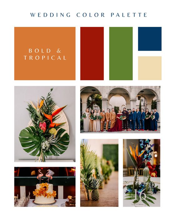 Bold and Tropical wedding color palette in shades of orange, green, and blue