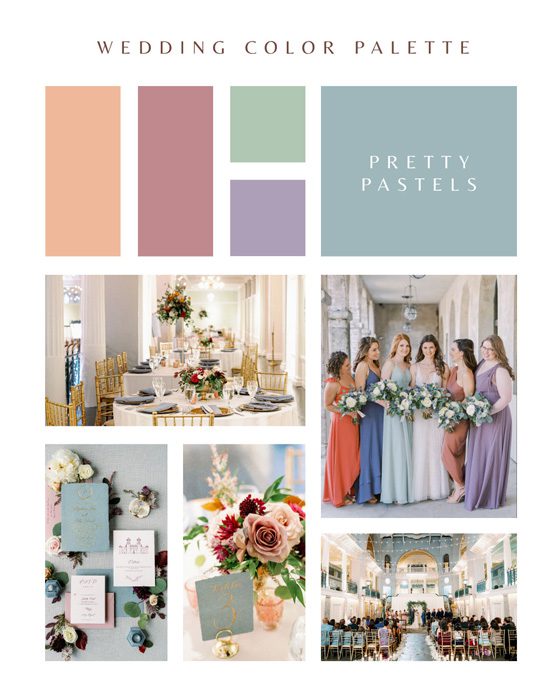 A pretty pastel wedding color palette in shades of mauve, peach, and blue