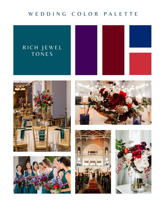 Wedding color palette in rich jewel tones of blue, red, and purple.