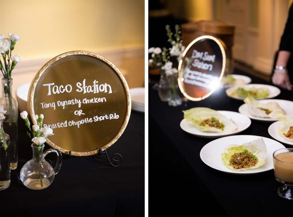 A taco station and a dim sum station with food for guests during a wedding reception.