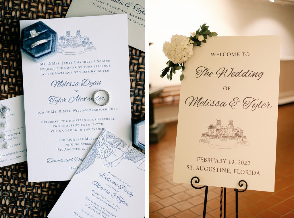 Wedding invitations and a custom welcome sign featuring a sketch of the Lightner Museum.