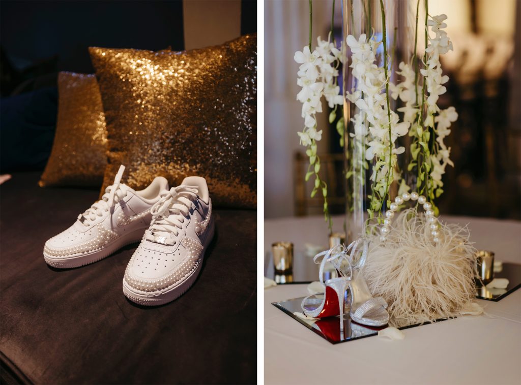 A bride’s shoes covered in pearls, next to her pearl-accented handbag.