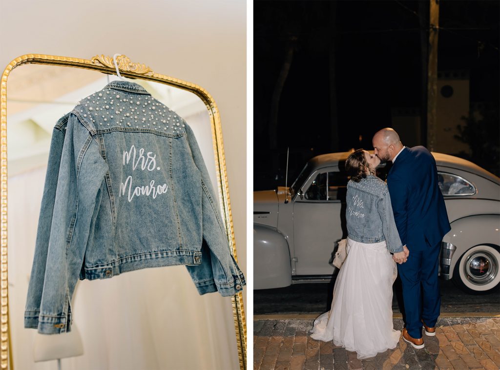 A bride kissing her new husband while wearing a custom jean jacket featuring her new last name.