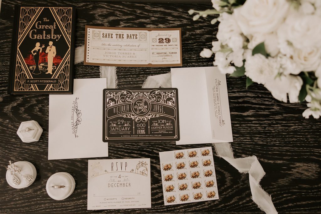 Victoria and Jorge’s wedding invitation suite with coordinating postage.