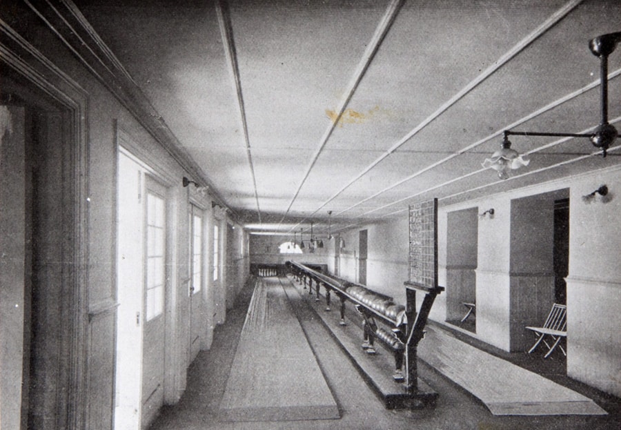 old black and white photo of a two lane bowling alley at the Lightner Museum