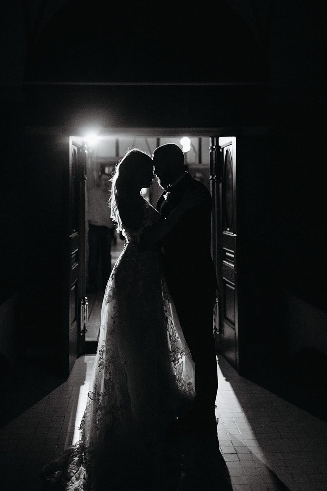 Black and white shadow picture of bride and groom