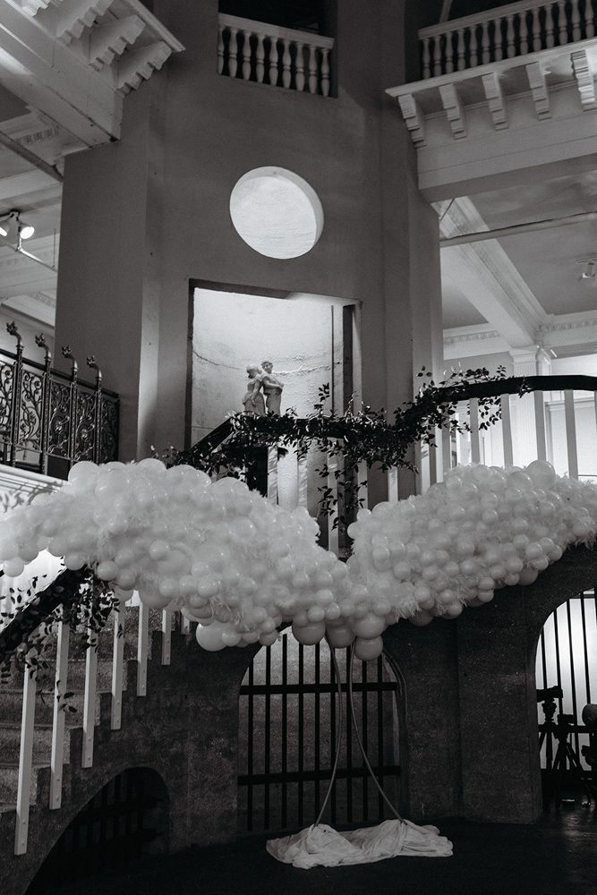 Black and white photo of balloon angel wings