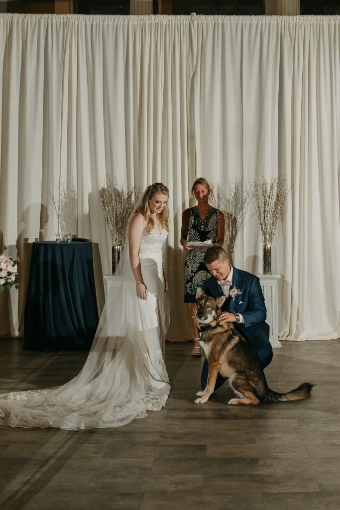 Groom trains dog to stand next to them during wedding ceremony