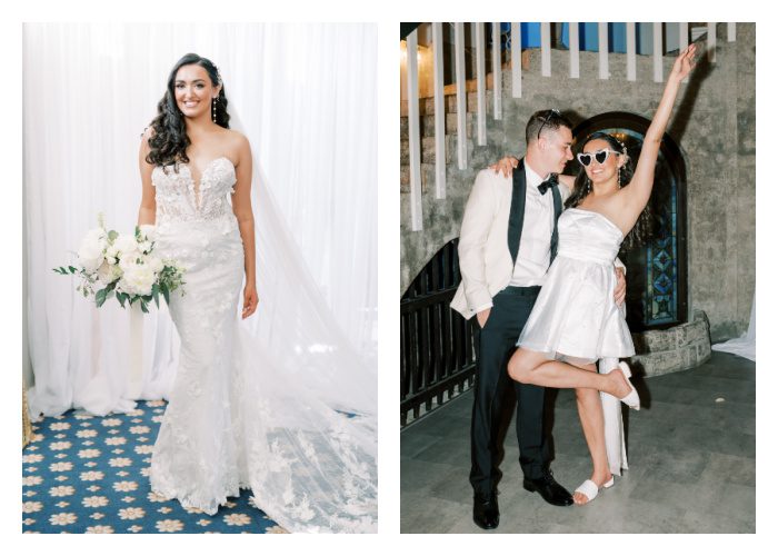 Photo collage with bride in long lace wedding gown and then in a short mini dress