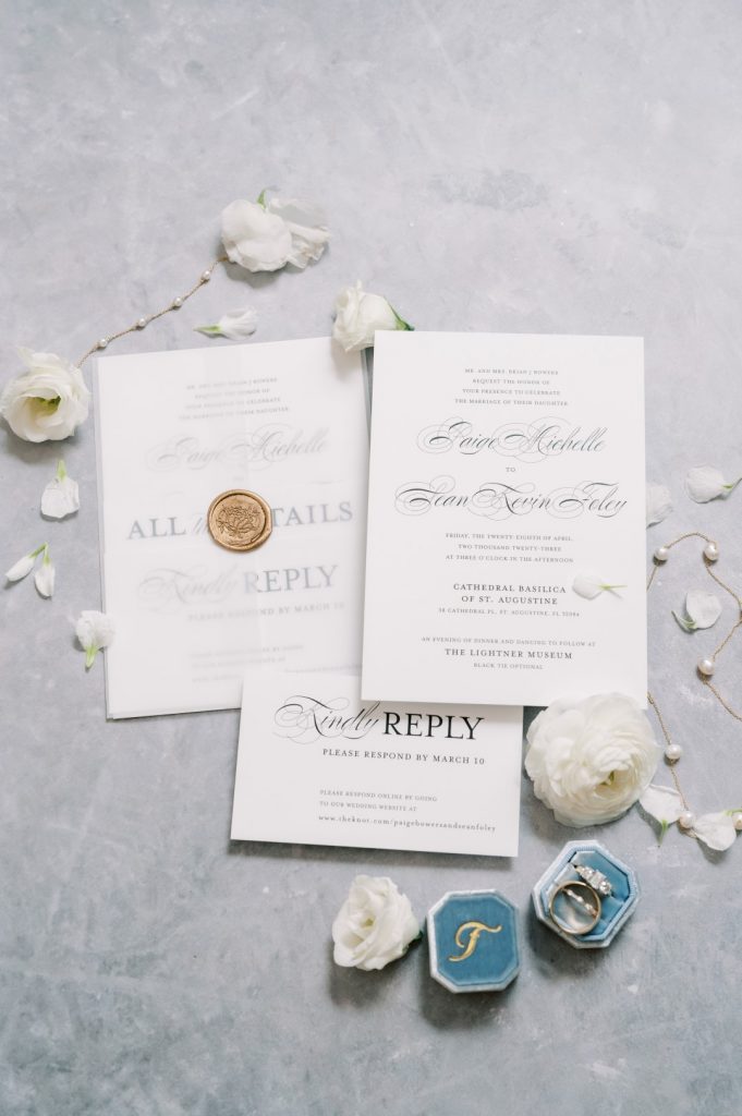 flat lay of wedding invitations