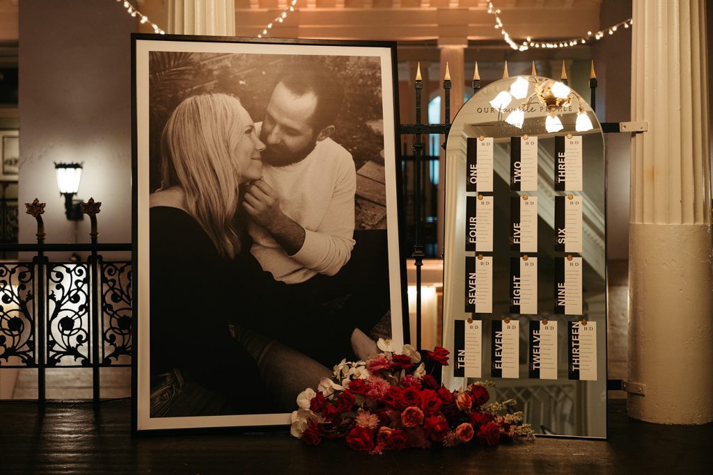 giant photo of bride and groom next to the seating chart