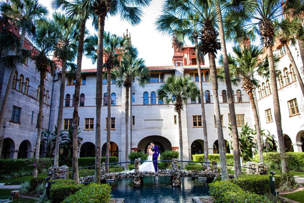 Bride and groom in the Central Courtyard at the Lightner Museum