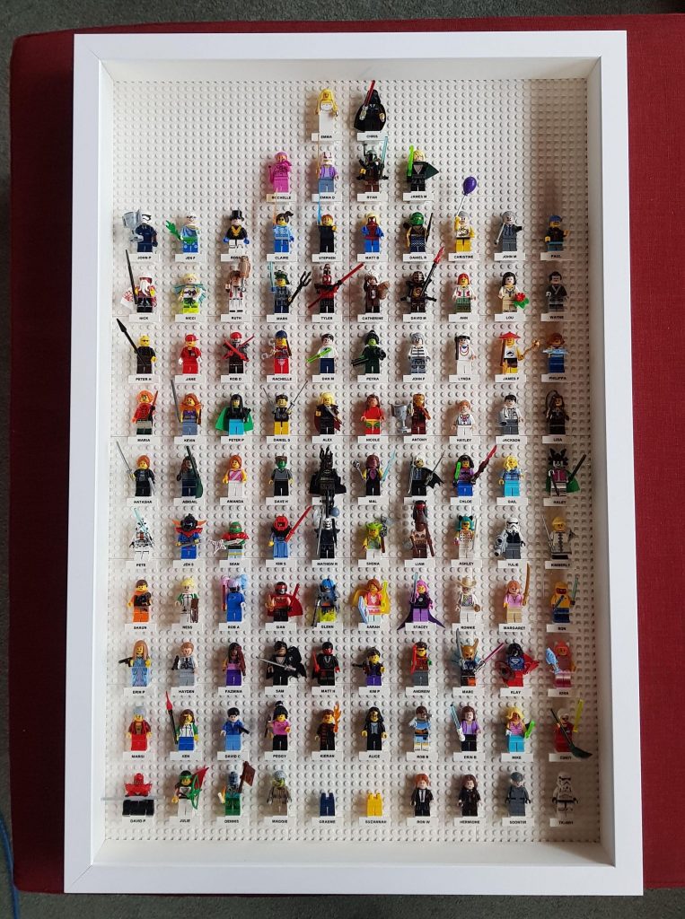 Display of LEGO minifigures for wedding guest book