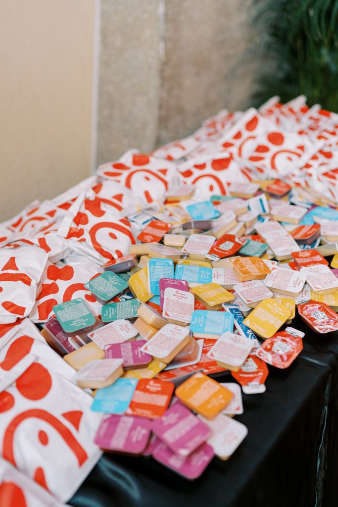 Chick-Fil-A sandwiches and sauces served as late night wedding snacks