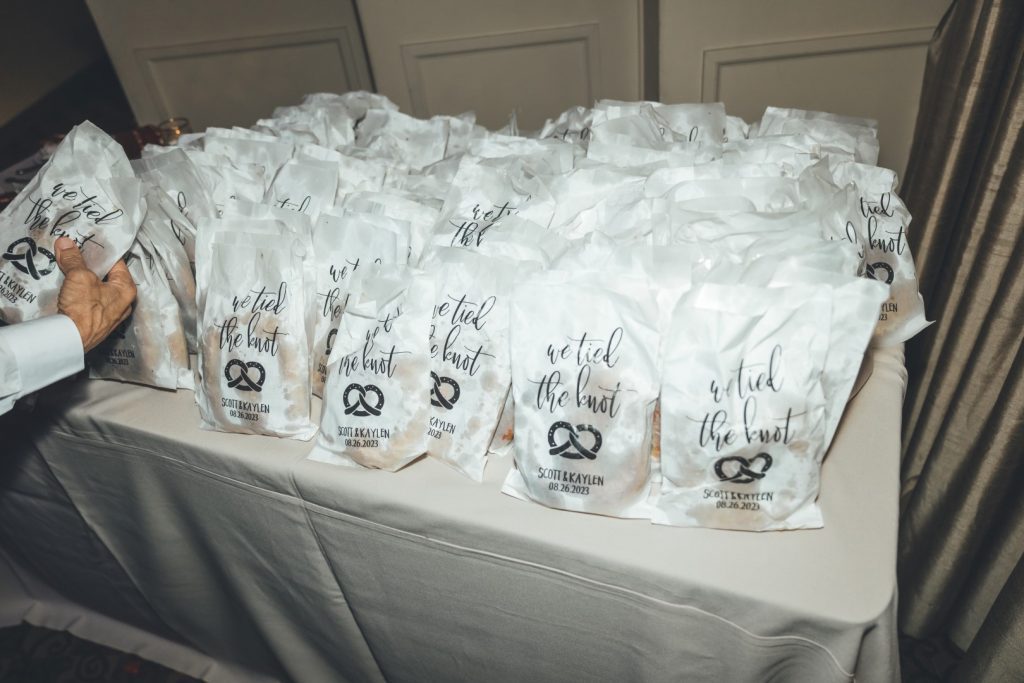 soft pretzels in bags personalized for wedding