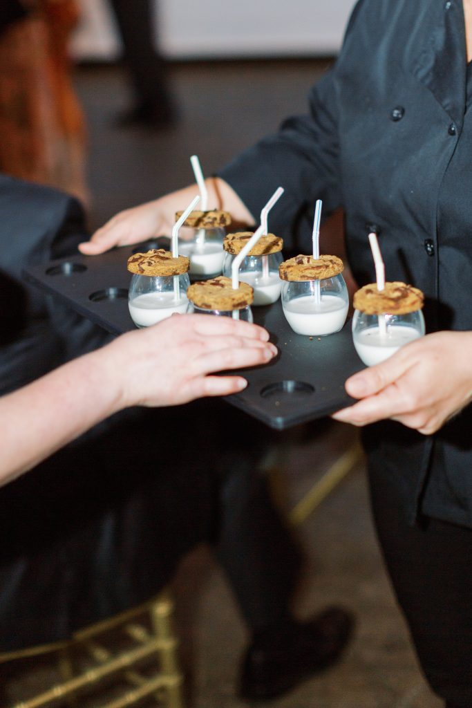 serving tray with milk and cookies at wedding reception